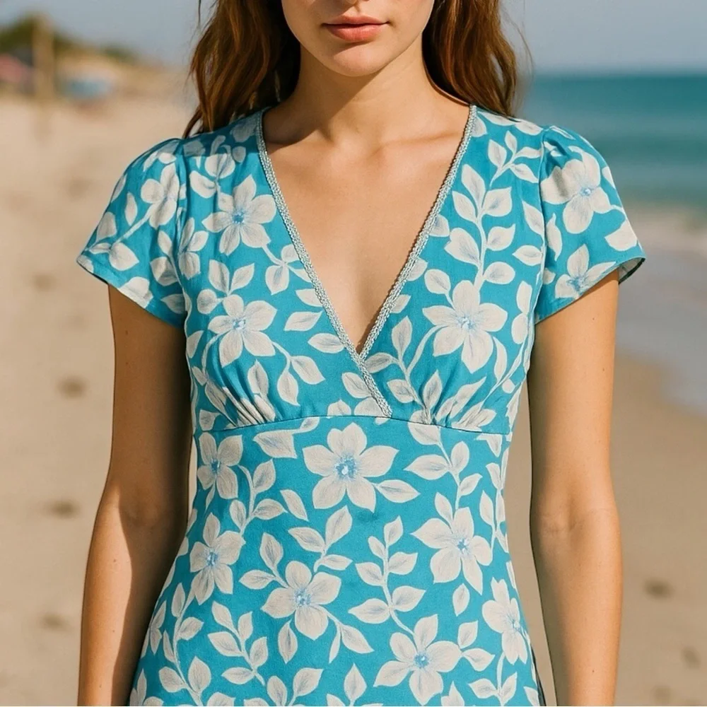 Vintage Y2K Teal Blue Floral Empire Waist V Neck Top Blouse Size L